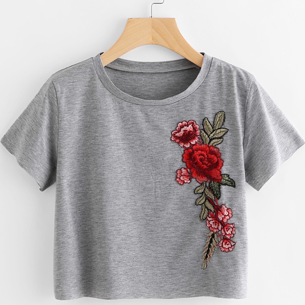 Embroidered trim crop t-shirt